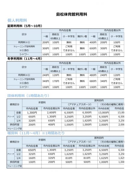 島松体育館 料金表